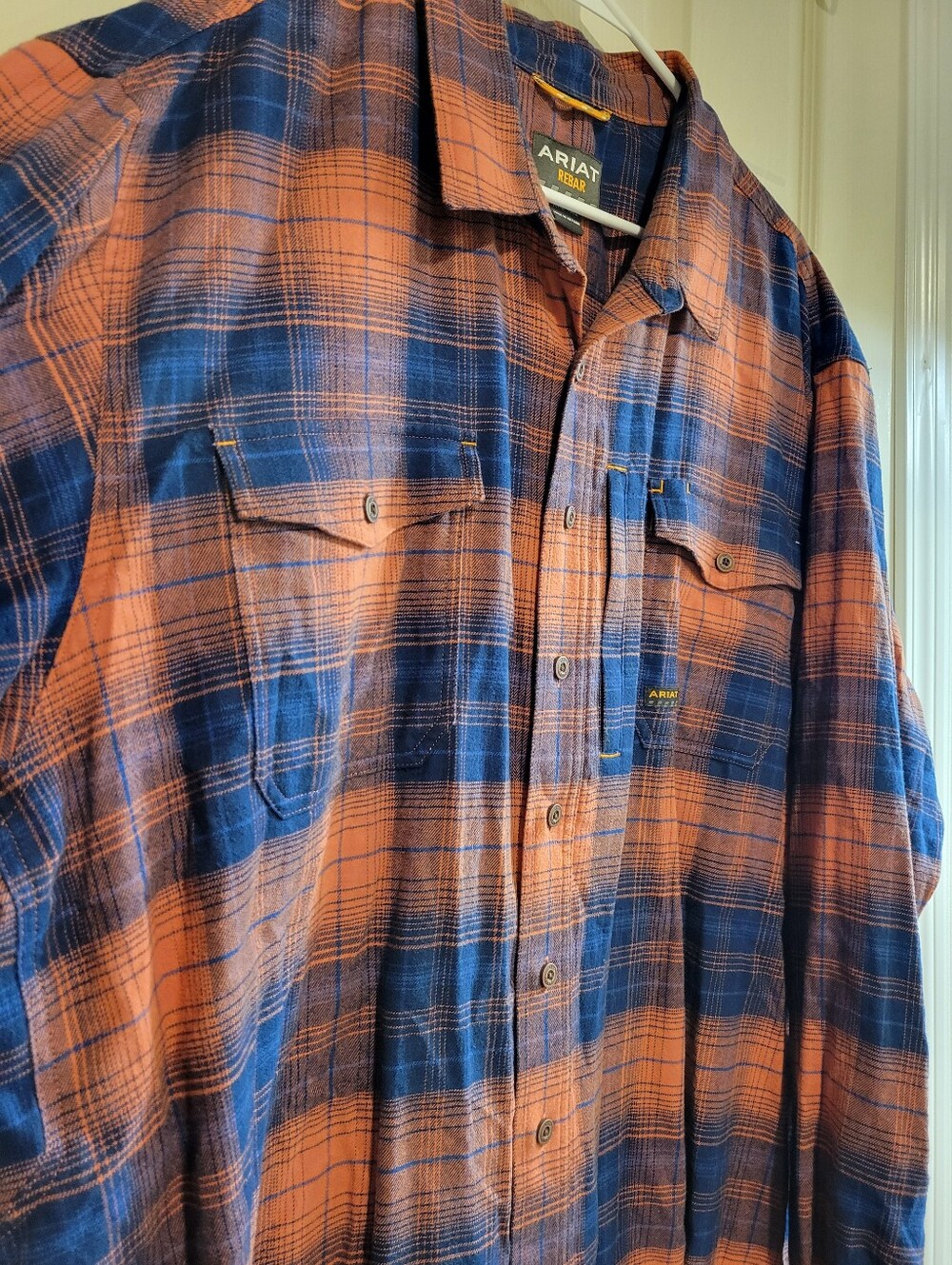 Ariat Rebar DuraStretch Men’s Flannel Shirt – XXL-TALL – Blue/Orange Plaid – EUC